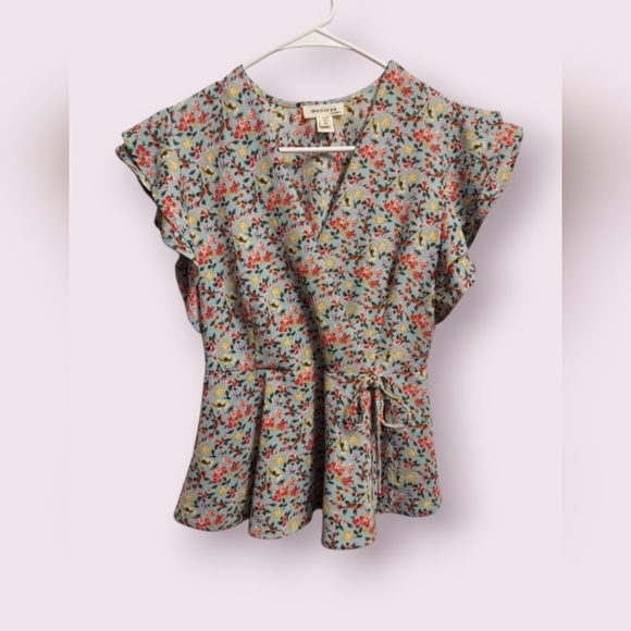 Monteau Tops - Women's Floral Blouse MONTEAU Short Sleeves Shirt Blue Pink Green Ruffled Sleeve